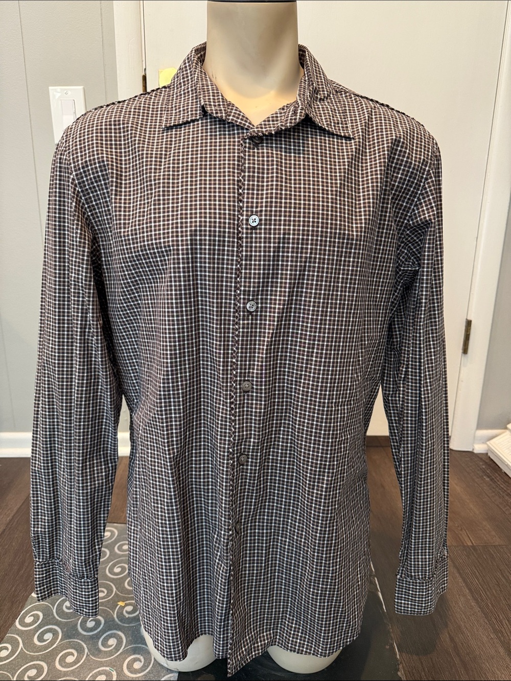 John Varvatos Men’s XL Brown & White Micro-Check Long-Sleeve Dress Shirt